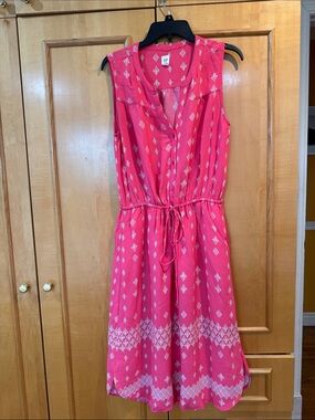 GAP Coral Pink Sleeveless Drawstring Midi Dress with White Print with pockets🍀🍀